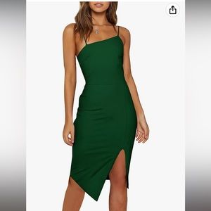 ANRABESS Spaghetti strap split hem midi dress green